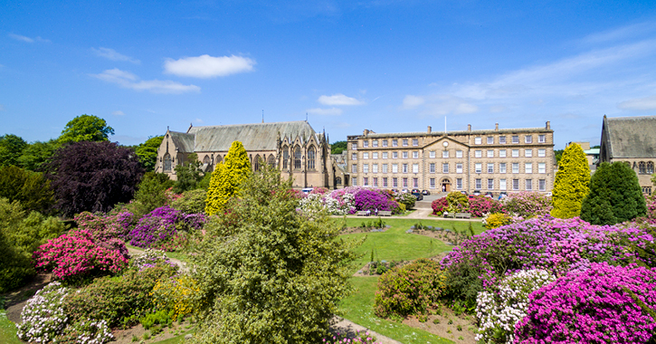 View of the gardens at ushaw Historic House, Chapels and Gardens on a bright sunny day